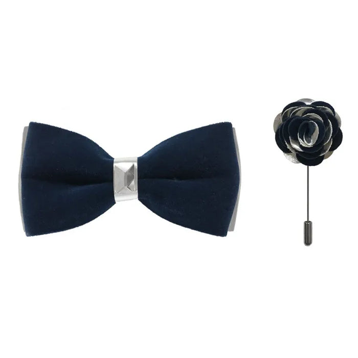Silver Two-Toned Velvet Bow Tie and Lapel Pin