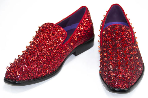 Red Spiked Glitter Smoking Loafer Front Upper And Outsole