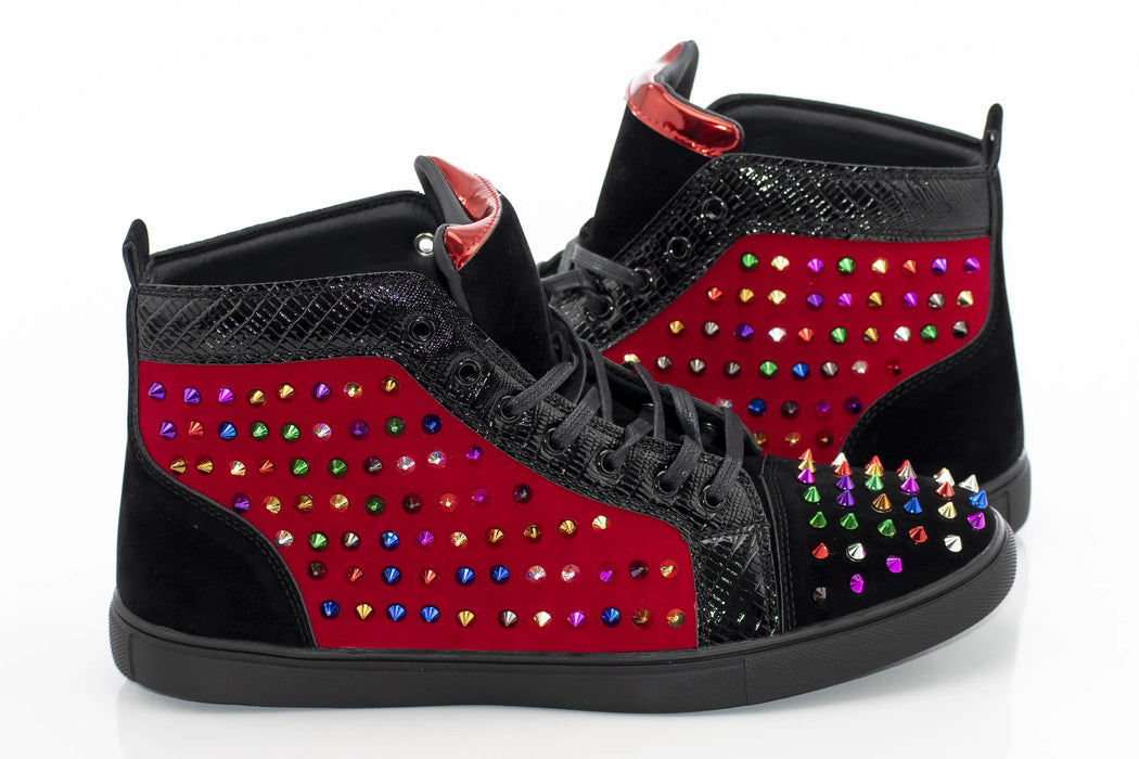 Black And Red Multicolor Spiked High-Tops