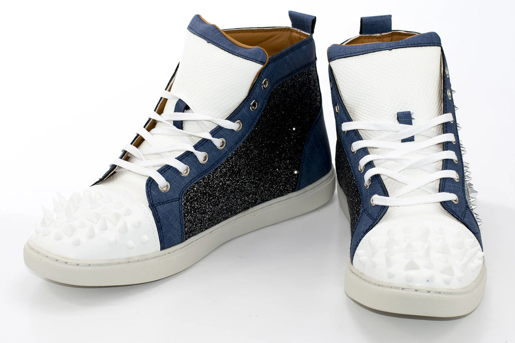 White and Denim Glitter Spiked High-Tops