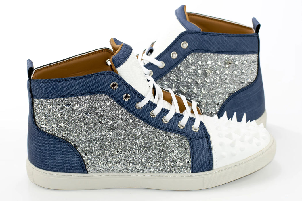White and Denim Glitter Spiked High-Tops