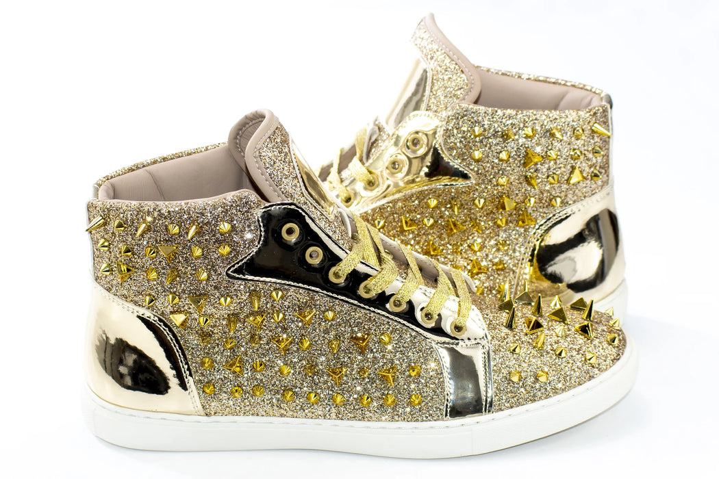 Gold Glittered Spiked High Top Sneakers - Quarter, Heel