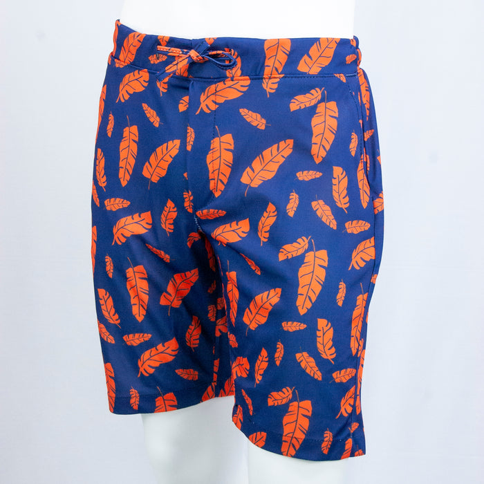 Blue & Orange Leaf Patterned Plaid Shorts