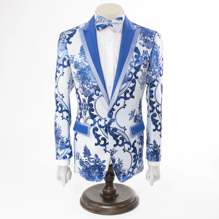 Royal Blue Damask Slim-Fit Jacket With Peak Lapels