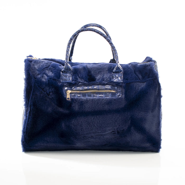Midnight Blue Fur and Leather Travel Bag