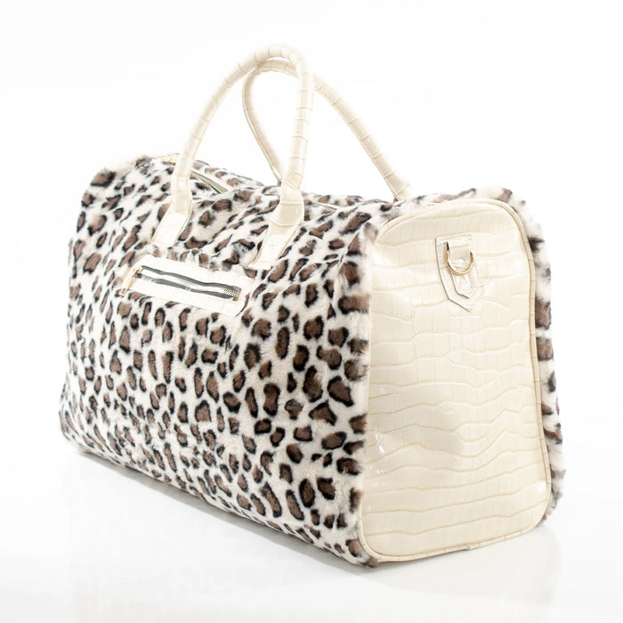 Cream Leopard Fur and Leather Travel Bag
