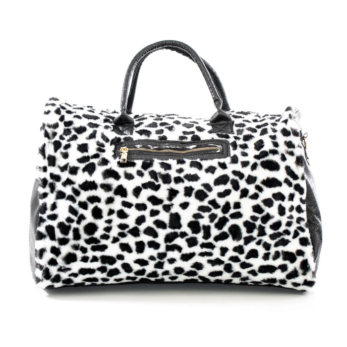 White Leopard Fur and Black Leather Travel Bag