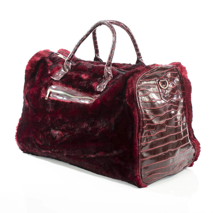 Burgundy Fur and Leather Travel Bag
