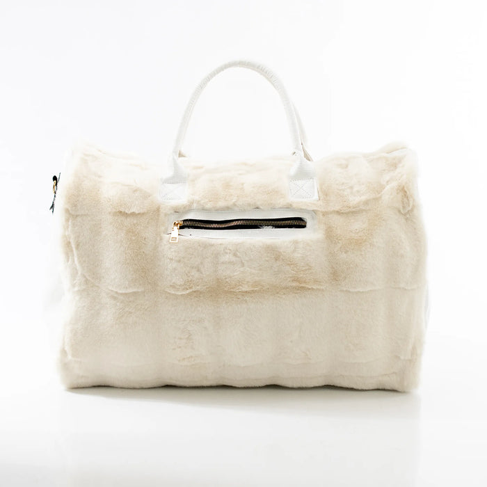 Cream Fur and White Leather Travel Bag