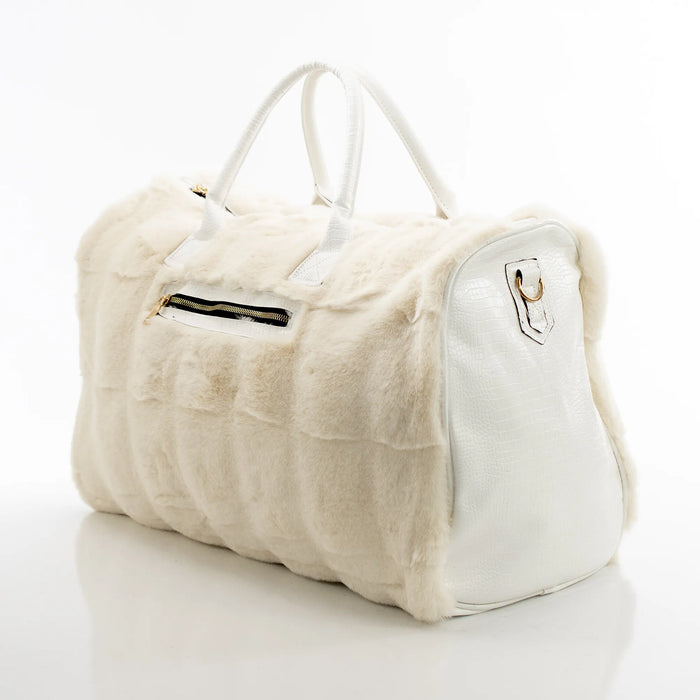 Cream Fur and White Leather Travel Bag