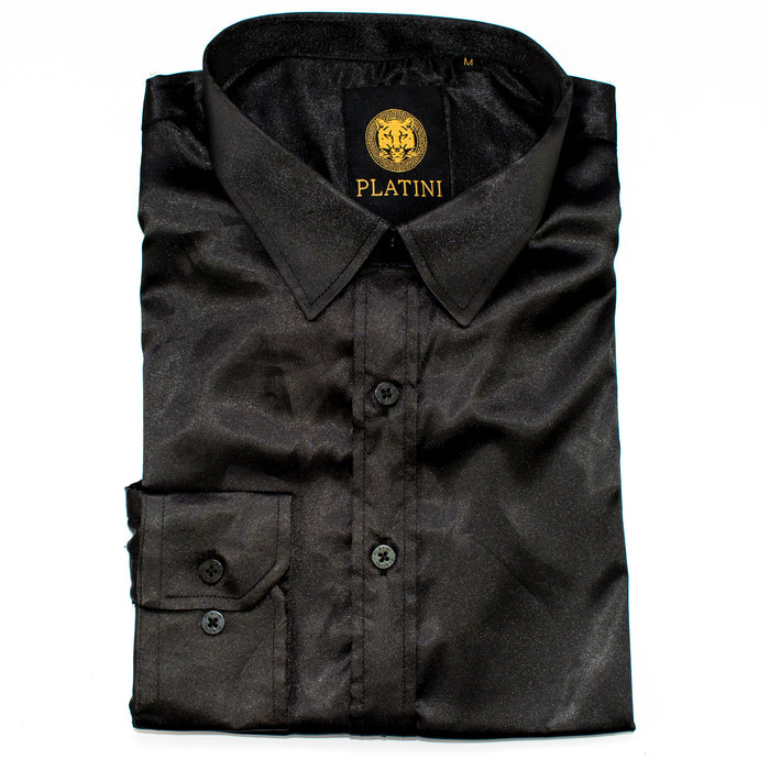 Black Satin Slim-Fit Dress Shirt