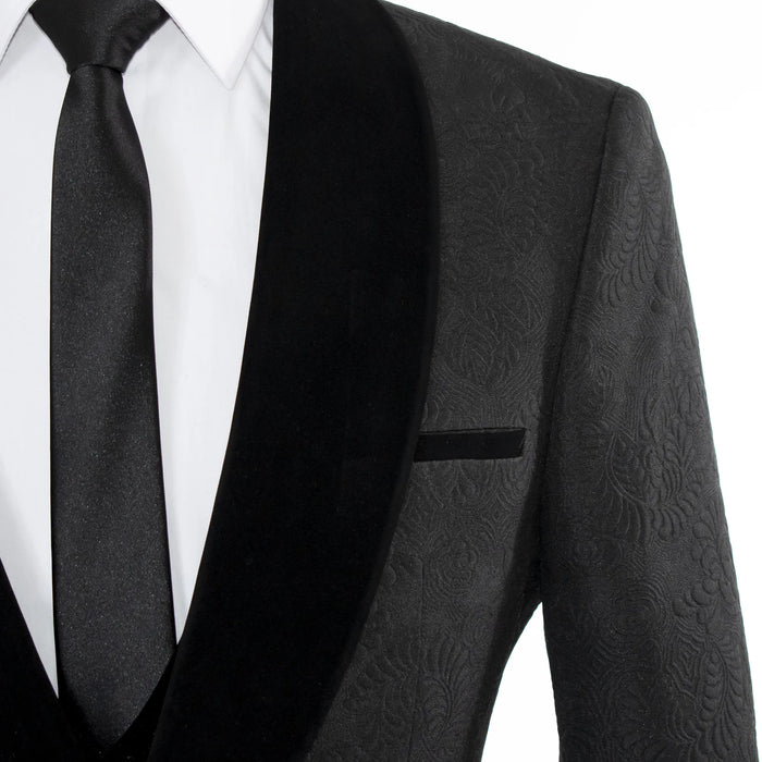 Black Damask Patterned 3-Piece Tailored-Fit Tuxedo