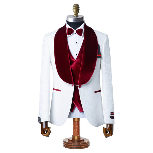 Gianni | White with Burgundy Velvet Lapel 3-Piece Tailored-Fit Tuxedo