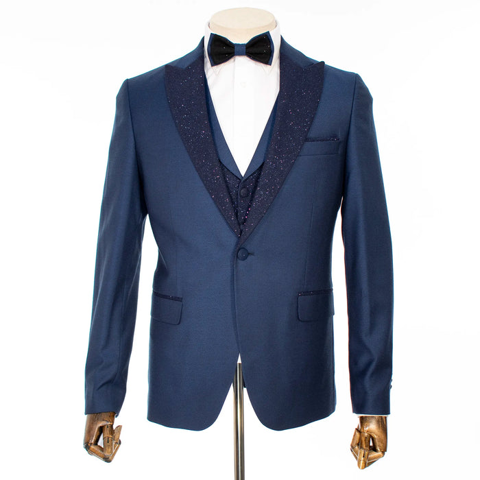 Navy Blue 3-Piece Tailored-Fit Tuxedo with Glitter Peak Lapels