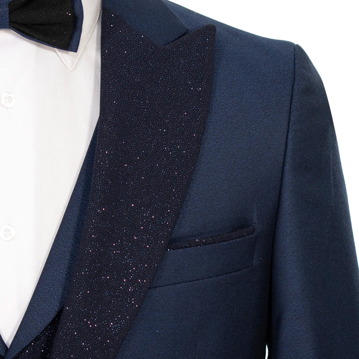 Navy Blue 3-Piece Tailored-Fit Tuxedo with Glitter Peak Lapels