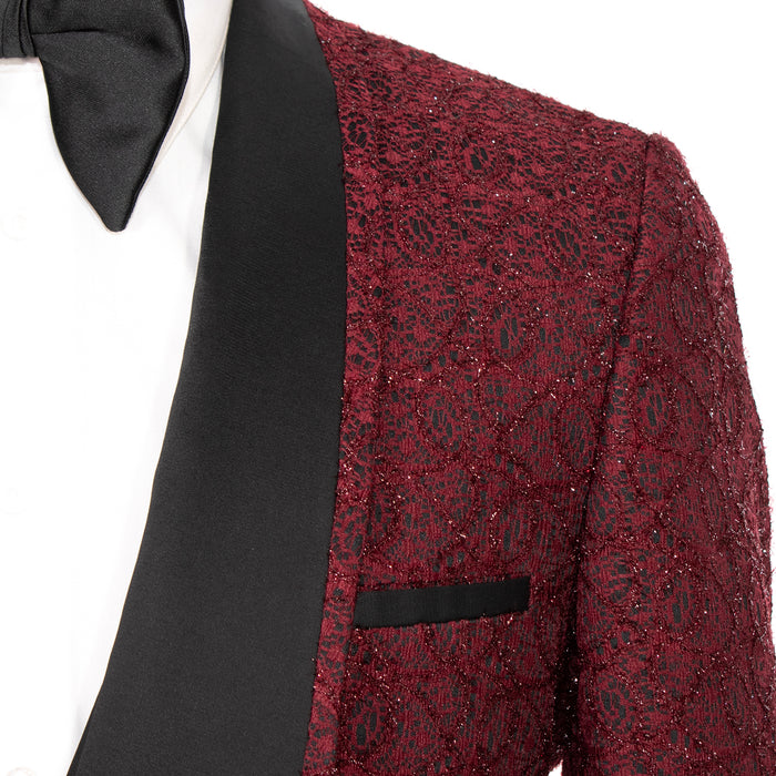 Burgundy Sparkle Lace 3-Piece Tailored-Fit Tuxedo