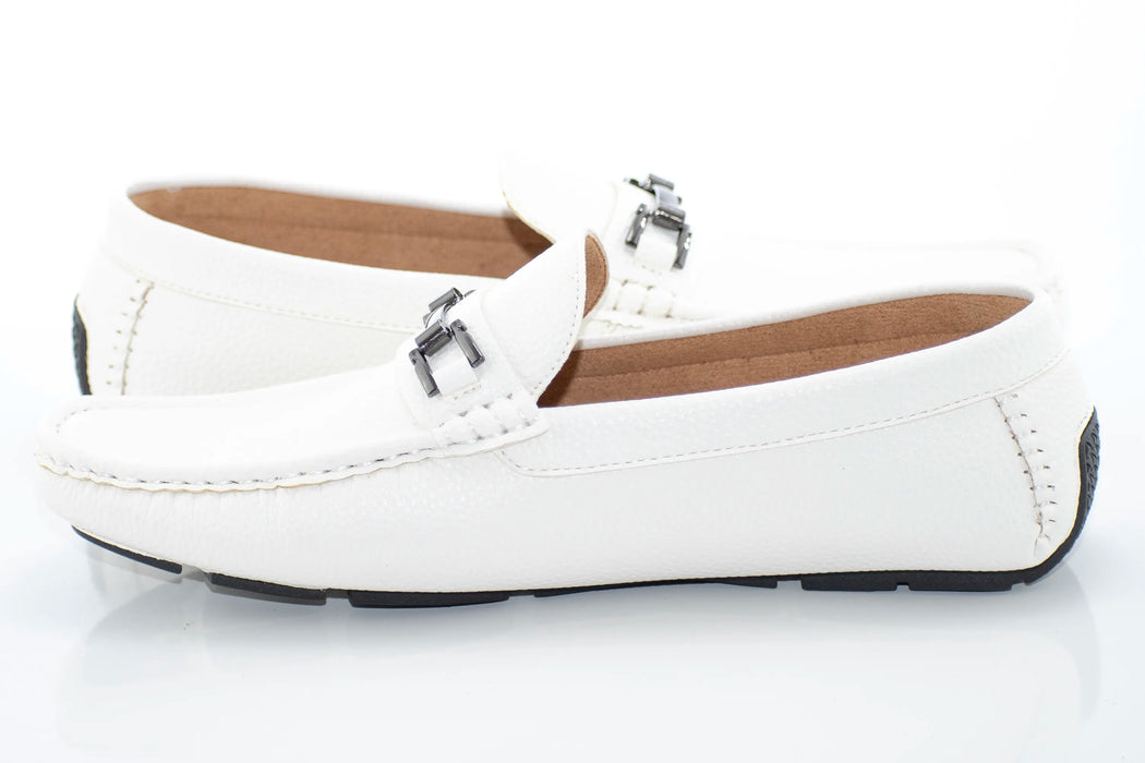 Men's White Pebbled Leather Driving Loafer With Metal Bit