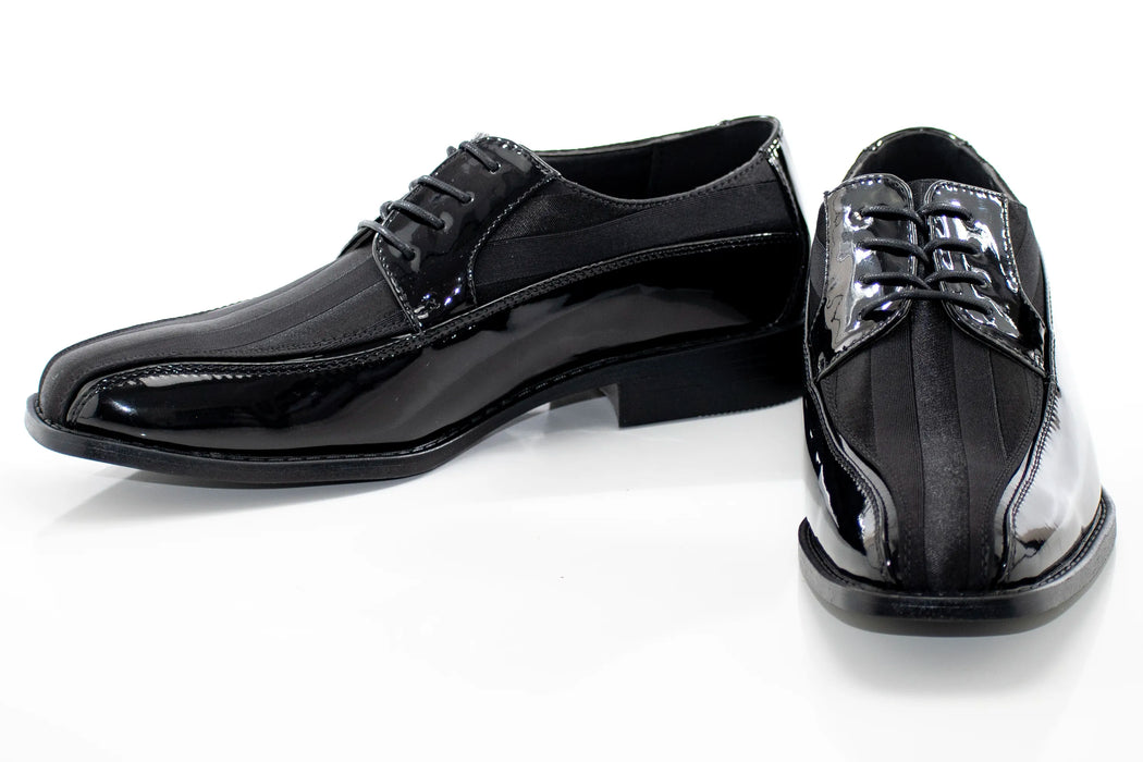Men's Black Sating And Patent Leather Derby Dress Shoe