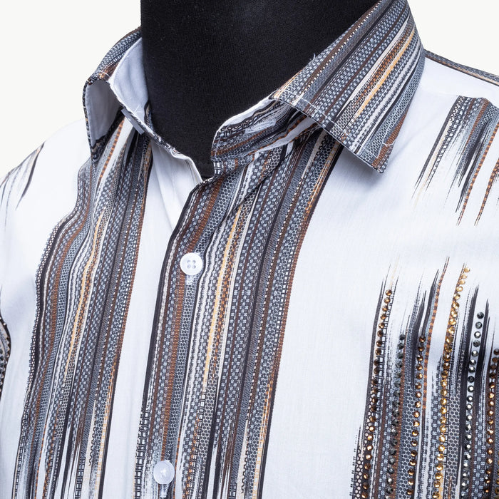 White and Black Brushed Rhinestone Slim-Fit Fashion Shirt