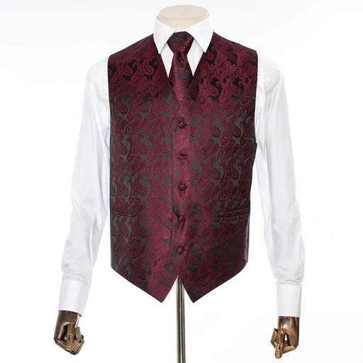 Burgundy and Black Paisley Vest with Matching Necktie and Hanky