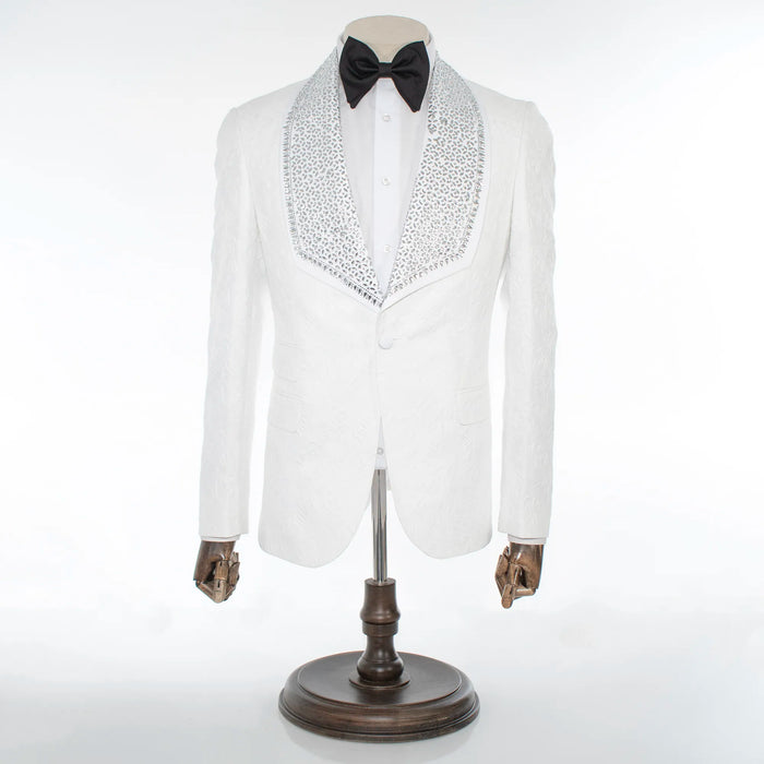 White Floral 2-Piece Slim-Fit Tuxedo with Rhinestone Lapels