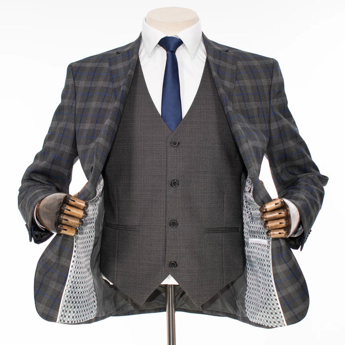 Gray and Blue Windowpane 3-Piece Tailored-Fit Suit