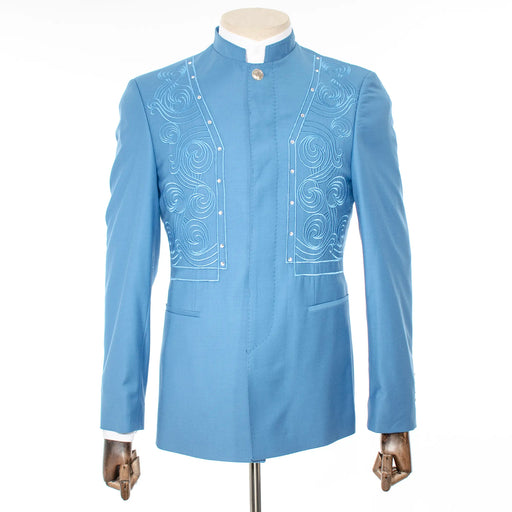 Men's Sky Blue Embroidered 2-Piece Slim-Fit Suit with Mandarin Collar