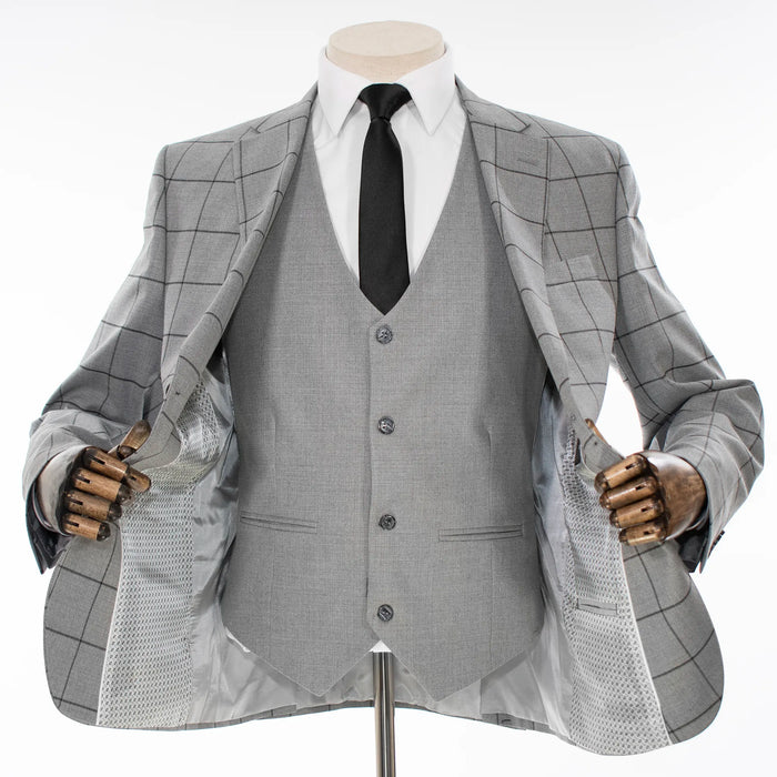 Gray Windowpane 3-piece Tailored-fit Suit