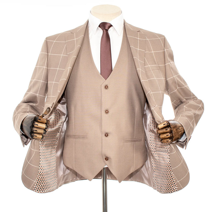 Tan Windowpane 3-Piece Tailored-fit Suit