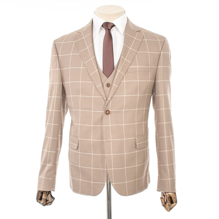 Tan Windowpane 3-Piece Tailored-fit Suit