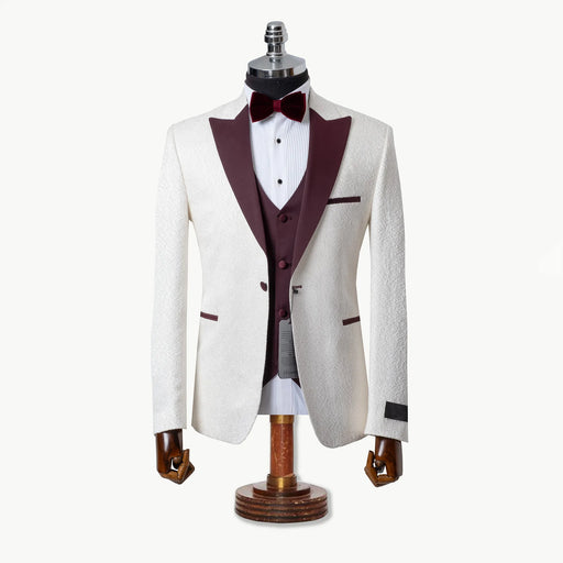 White and Burgundy Boucle 3-Piece Tailored-Fit Tuxedo