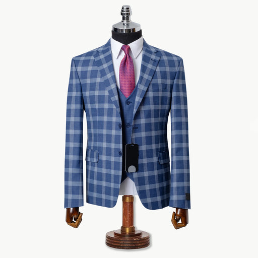 Blue Plaid 3-Piece Tailored-Fit Suit with Notch Lapels