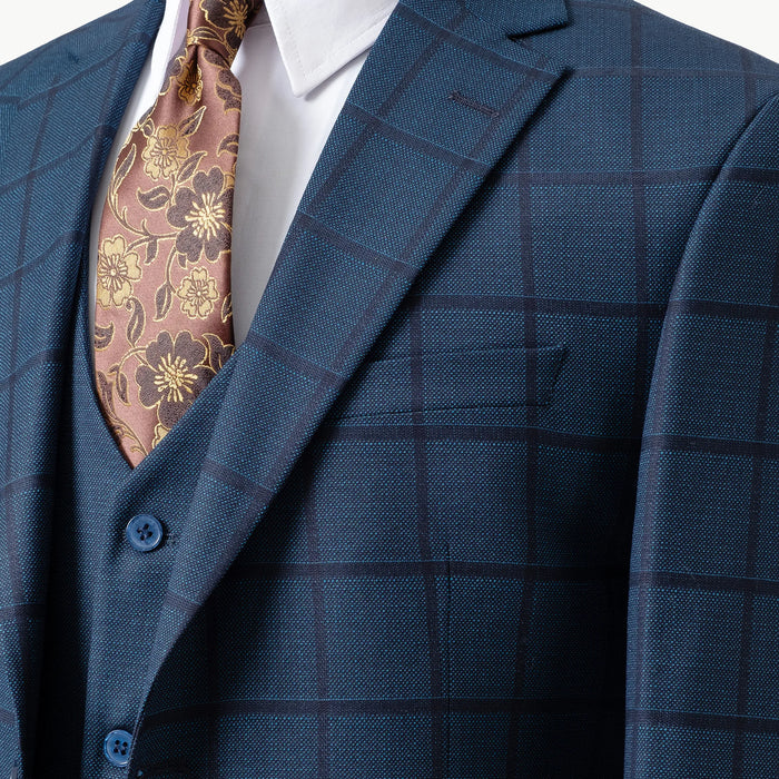 Dark Blue Windowpane 3-Piece Tailored-Fit Suit