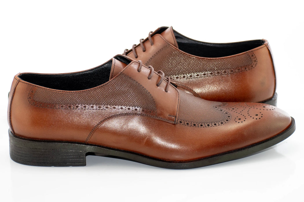 Brown Perforated Lace-Up Textured Derby