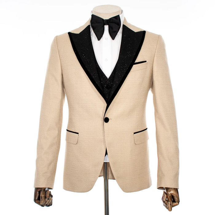 Champagne 3-Piece Tailored-Fit Tuxedo with Black Glitter Peak Lapels