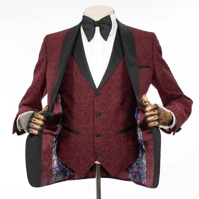 Burgundy Lace Sparkle 3-Piece Tailored-Fit Tuxedo