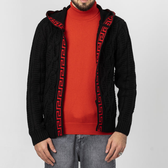 Black&Red Cable Knit Grecian Tailored-Fit Zip-Up Hooded Cardigan