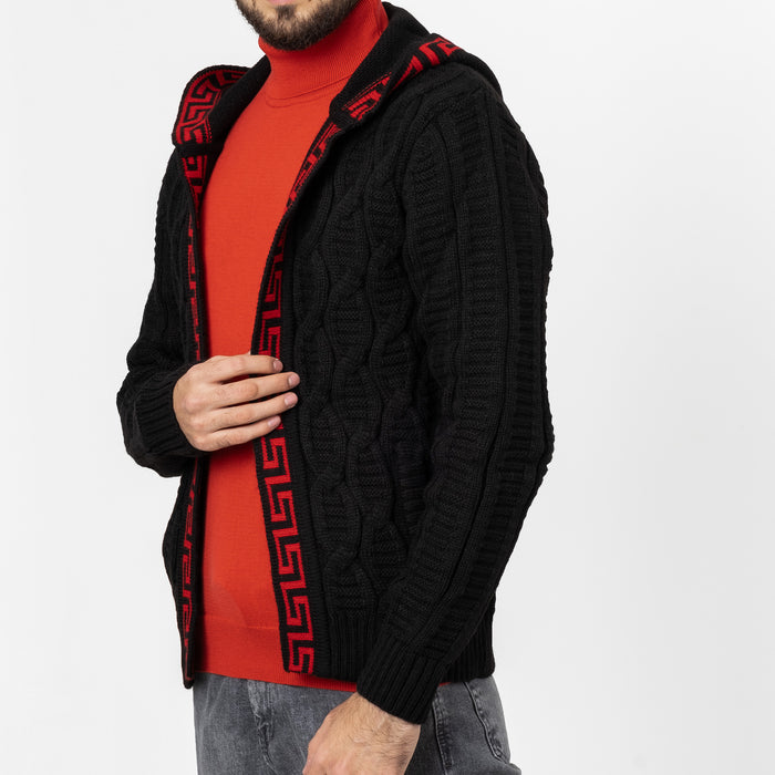 Black&Red Cable Knit Grecian Tailored-Fit Zip-Up Hooded Cardigan