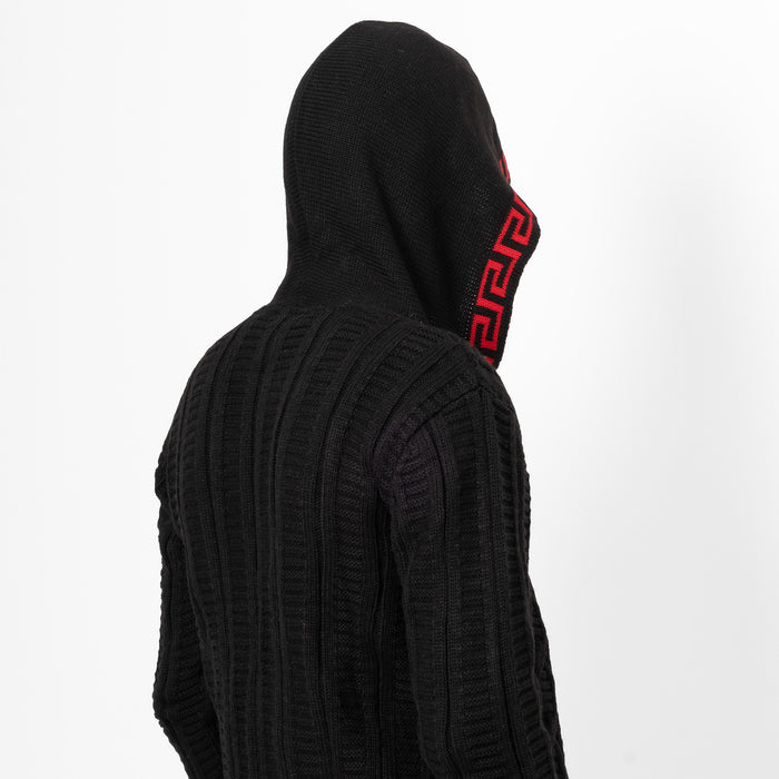 Black&Red Cable Knit Grecian Tailored-Fit Zip-Up Hooded Cardigan