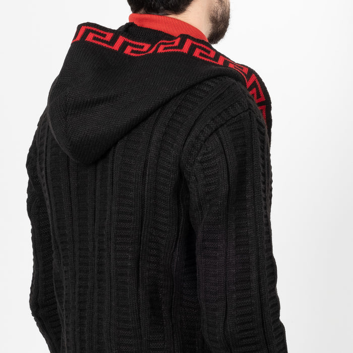 Black&Red Cable Knit Grecian Tailored-Fit Zip-Up Hooded Cardigan