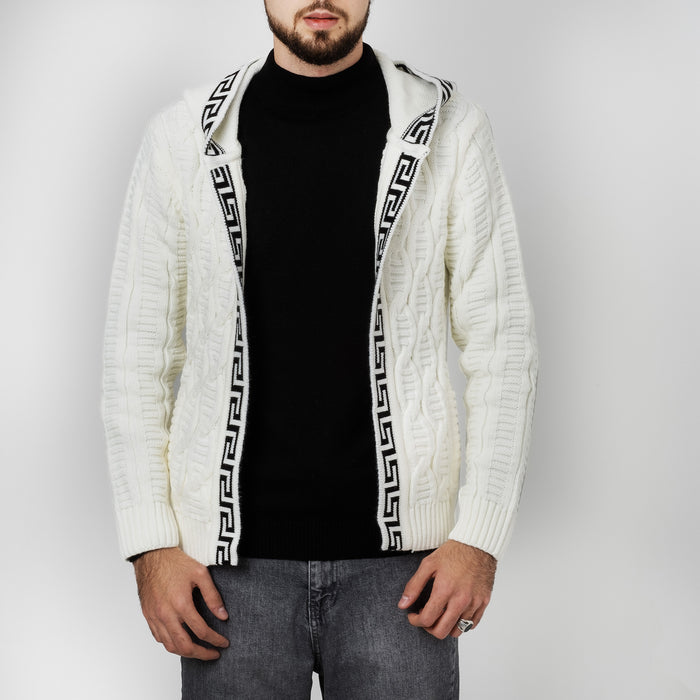 White&Black Cable Knit Grecian Tailored-Fit Zip-Up Hooded Cardigan