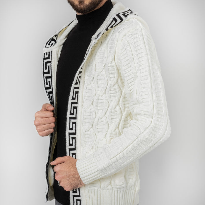 White&Black Cable Knit Grecian Tailored-Fit Zip-Up Hooded Cardigan