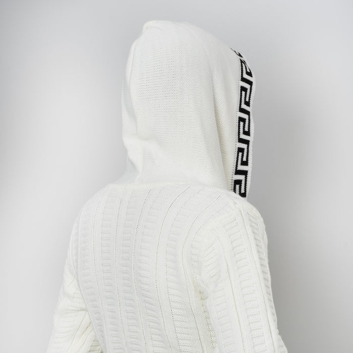 White&Black Cable Knit Grecian Tailored-Fit Zip-Up Hooded Cardigan