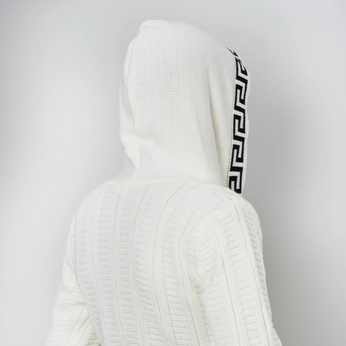 White&Black Cable Knit Grecian Tailored-Fit Hooded Cardigan