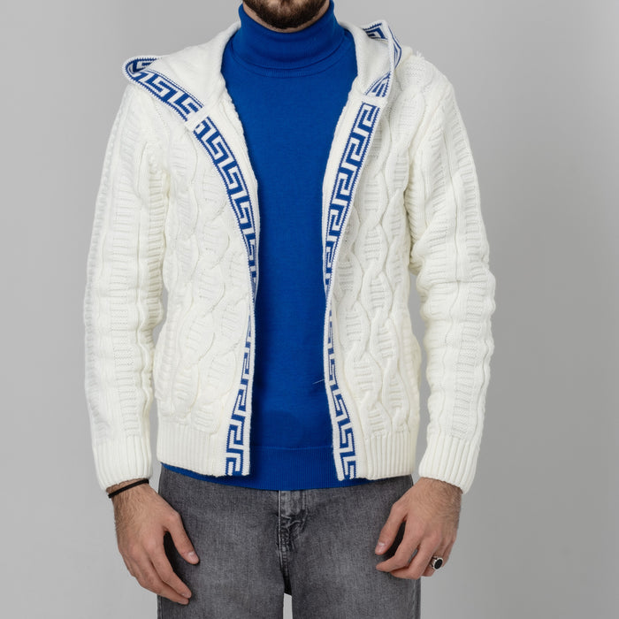 White&Royal Blue Cable Knit Grecian Tailored-Fit Zip-Up Hooded Cardigan