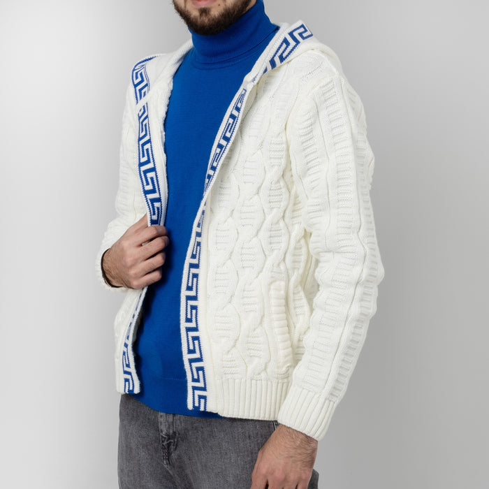 White&Royal Blue Cable Knit Grecian Tailored-Fit Zip-Up Hooded Cardigan