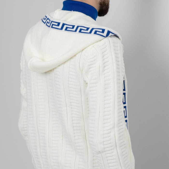 White&Royal Blue Cable Knit Grecian Tailored-Fit Zip-Up Hooded Cardigan