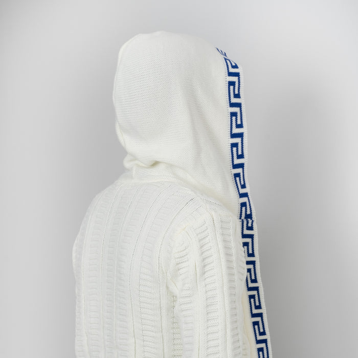 White&Royal Blue Cable Knit Grecian Tailored-Fit Zip-Up Hooded Cardigan