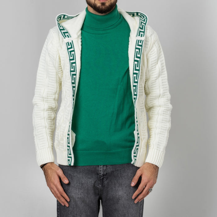 White&Green Cable Knit Grecian Tailored-Fit Zip-Up Hooded Cardigan