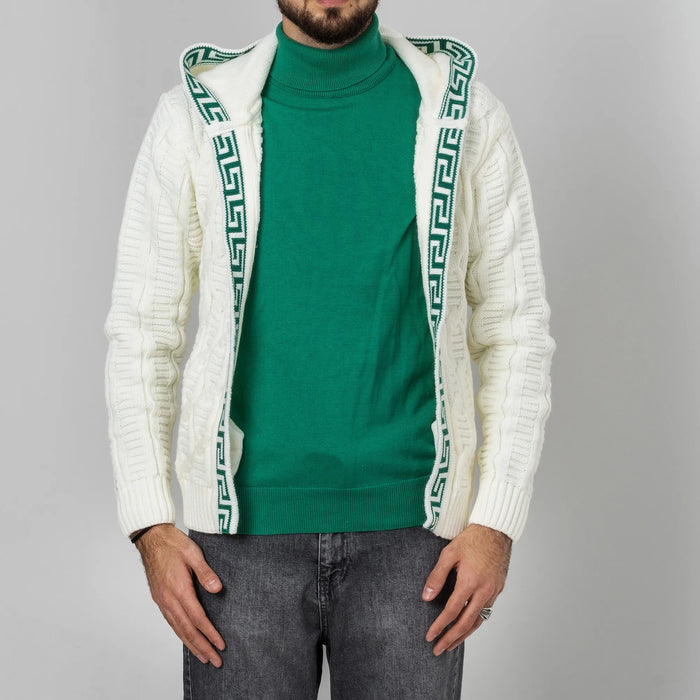 White&Green Cable Knit Grecian Tailored-Fit  Hooded Cardigan